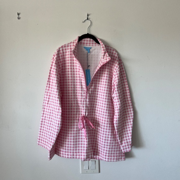 Draper James Cinch Waist Quarter-Zip in Pink Gingham size 1X - Picture 5 of 10